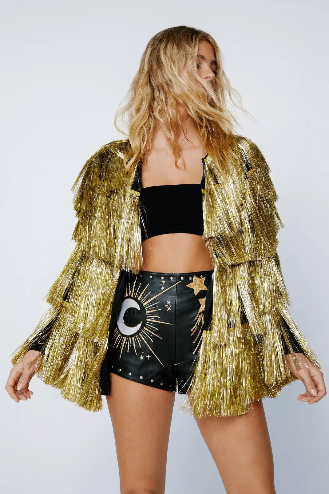 Metallic Open Front Tiered Tinsel Fringe Jacket | Nasty Gal (US)