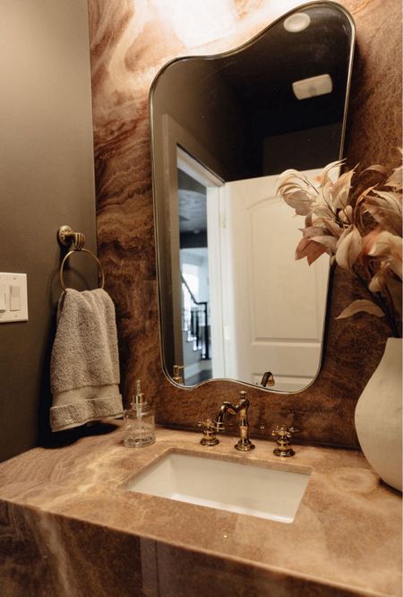 Bathroom // bathroom decor, bath, powder room, home decor, modern home decor, mirror, floating shelves, shelving, vanity, wall art, modern art, decorating, towels, rugs, neutrals, neutral home, decor, modern, minimalist, minimalist style, wall hanging decor, boho decor, neutrals, interior, interior design 

#LTKhome