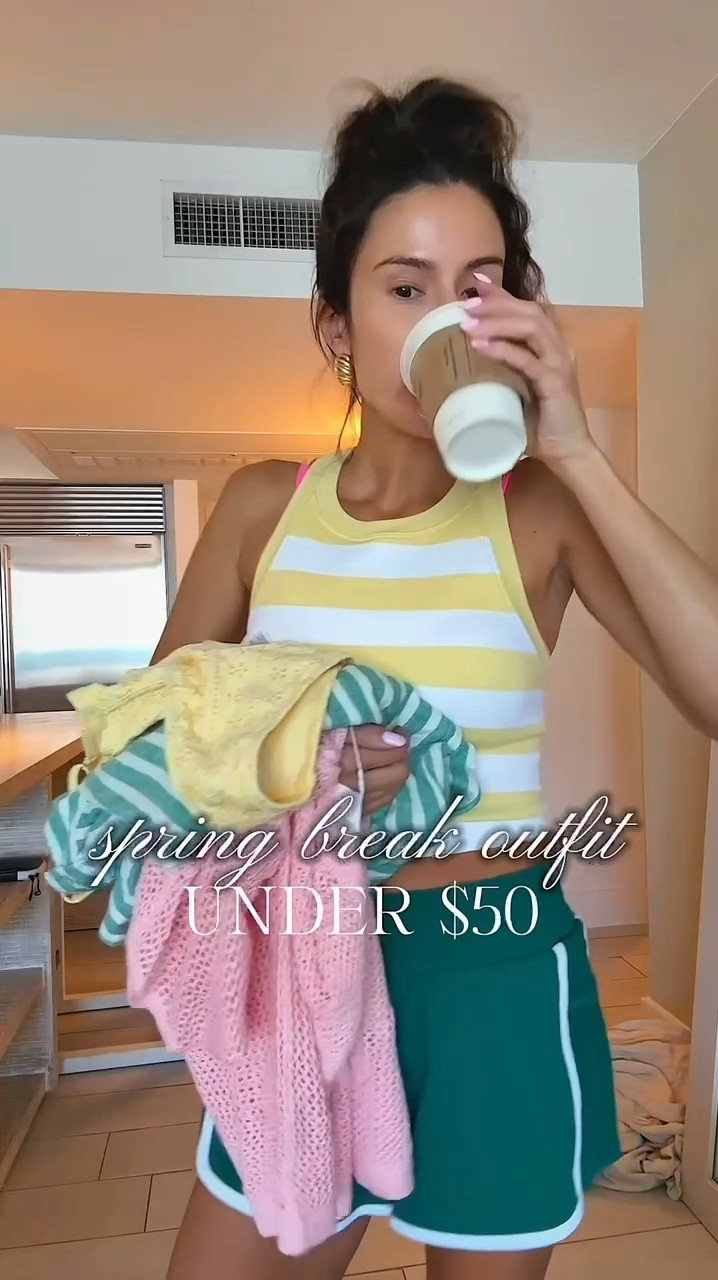 Spring break outfit - everything under $50! 💛 this striped green button up shirt makes the perfect swimsuit coverup! Love these white ruffle shorts and the yellow target swimsuit 〰️

Swimsuit: size m in top / small bottoms 
Stripe coverup: size up - wearing L 
Shorts: small 

Beach outfit, target fashion, target swimsuit, gym shorts, beach vacation outfit, swimsuit coverup, beach bag 

#LTKFindsUnder50 #LTKSwim #LTKWatchNow