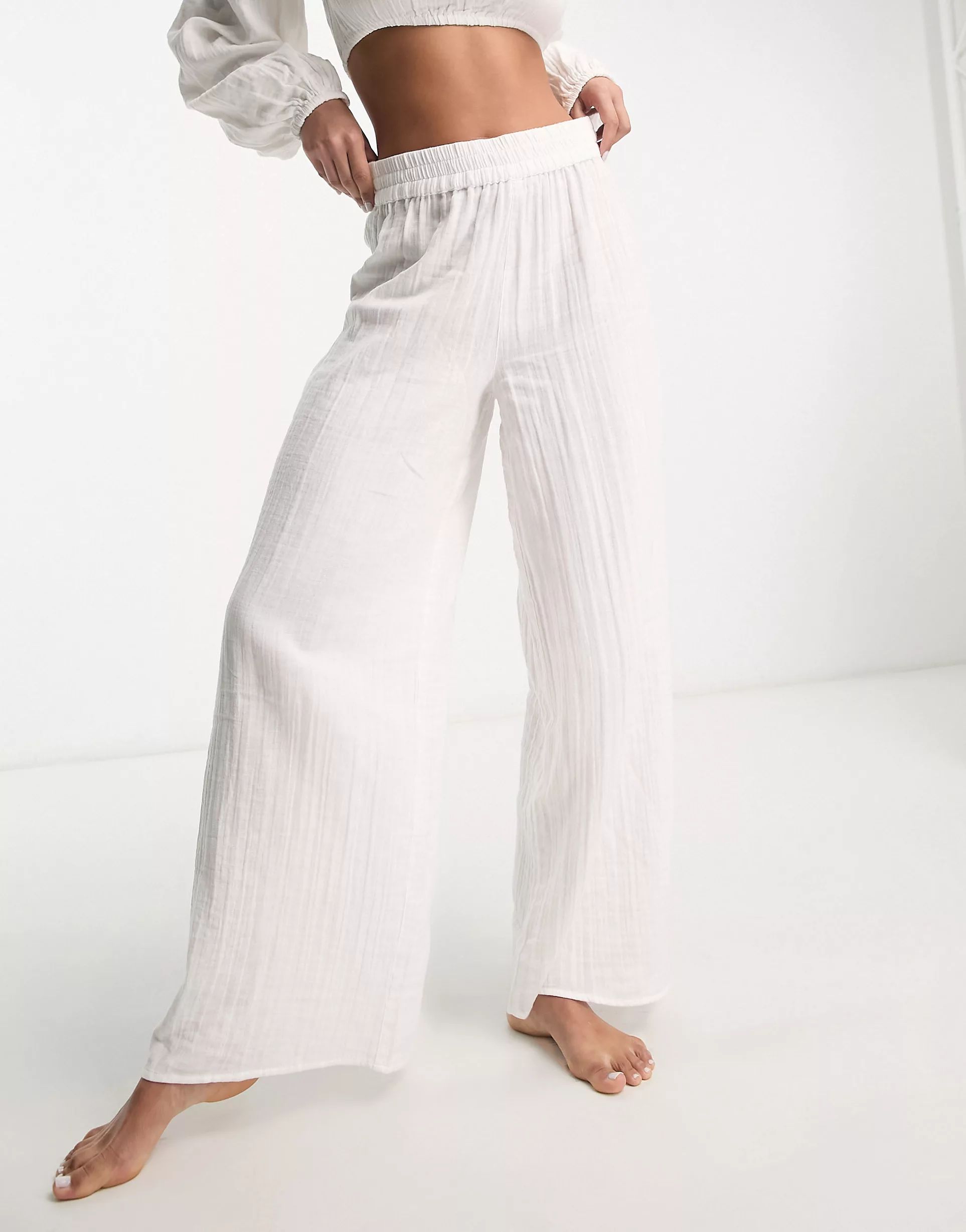 ASOS DESIGN wide leg beach trouser co-ord in white gauze | ASOS (Global)