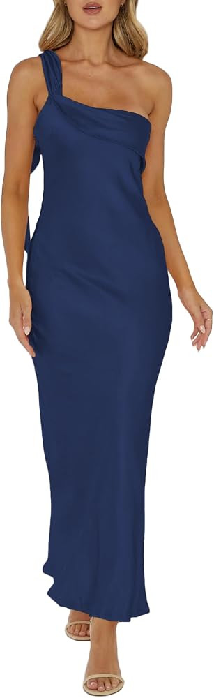 2026 Satin One Shoulder Maxi Dress for Women Summer Silk Formal Elegant Backless Ruffle Sleeveles... | Amazon (US)