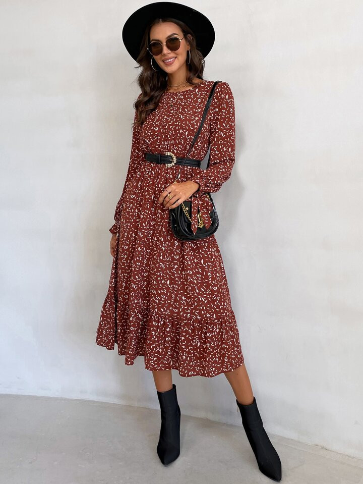 SHEIN LUNE Allover Print Knot Cuff Ruffle Hem Dress Without Belt
 | SHEIN