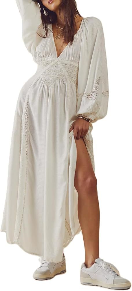 Honganda Elegant Women's Lace Maxi Dress Puff Long Sleeve Deep V-Neck Adjustable Waist Fall Long ... | Amazon (US)