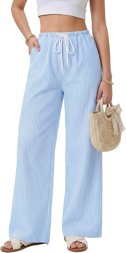 LYANER Women's Low Rise Striped Pants Wide Leg Cotton Elastic Drawstring Pajama Lounge Wear Sleep... | Amazon (US)