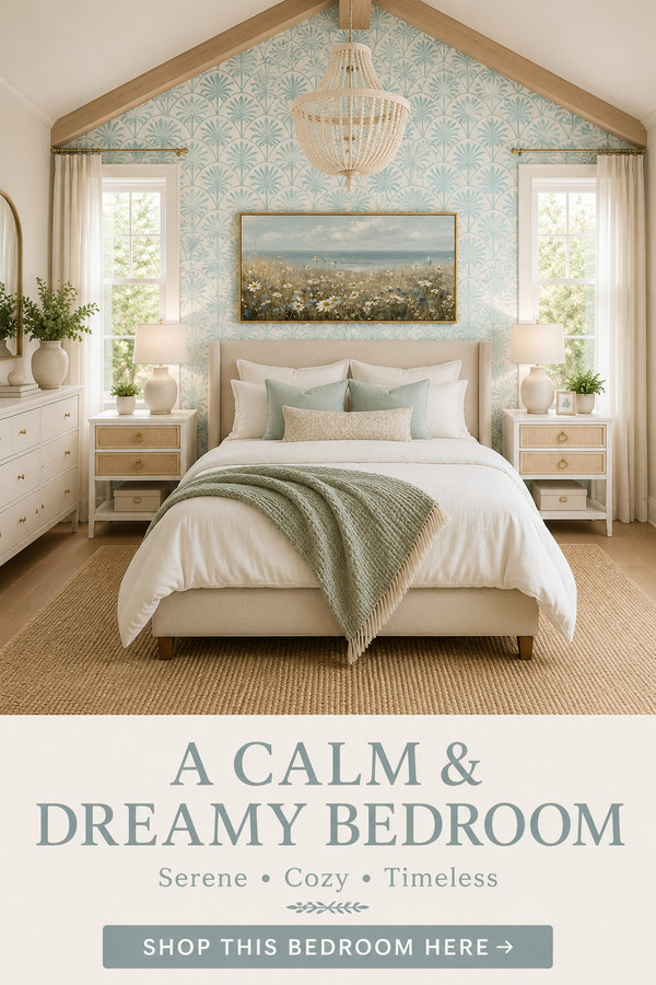 Create your own calm bedroom with soothing coastal wallpaper, a soft upholstered bed, natural woven textures, light wood