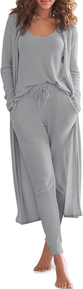 Eurivicy Womens Lounge Set Waffle Knit 3 Piece Pajama Sets Tank Tops Loose Pants with Long Cardig... | Amazon (US)