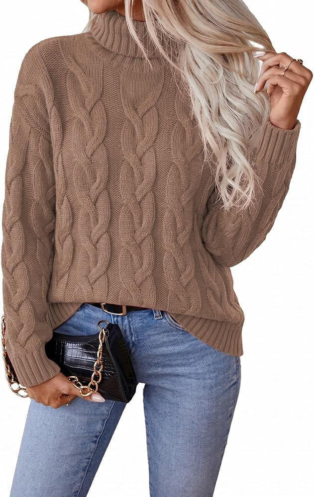 SHEWIN Womens Sweaters Casual Cable Knit Turtleneck Sweater Pullover Winter Clothing Fall Outfits... | Amazon (US)