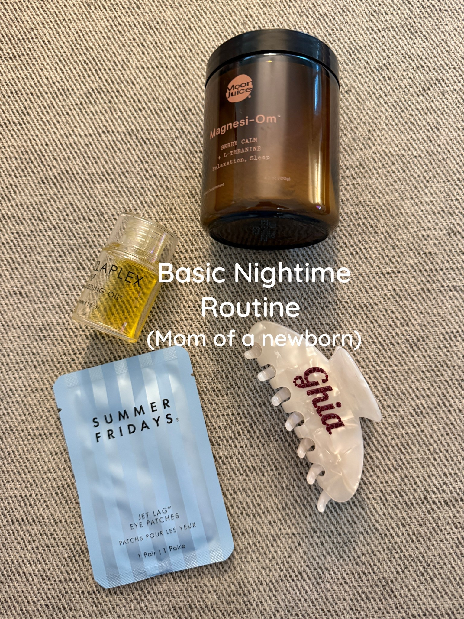 The basics to take care of my skin,
Hair and sleep.
Love a sleep deprived mom who doesn’t have time for a 20 step routine.

Olaplex: hair oil for soft hair 
Clip to pull back while feeding (baby is learning to grab)
Magnesium to help drift off to sleep before first feed.
Eye masks & face cream for skin nourishment. 

#LTKdayinmylife #LTKmomlife #LTKselfcare