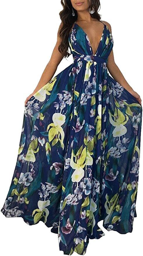 Remelon Womens Sexy Spaghetti Strap Deep V Neck Floral Boho Criss Cross Backless Chiffon Beach Pa... | Amazon (US)
