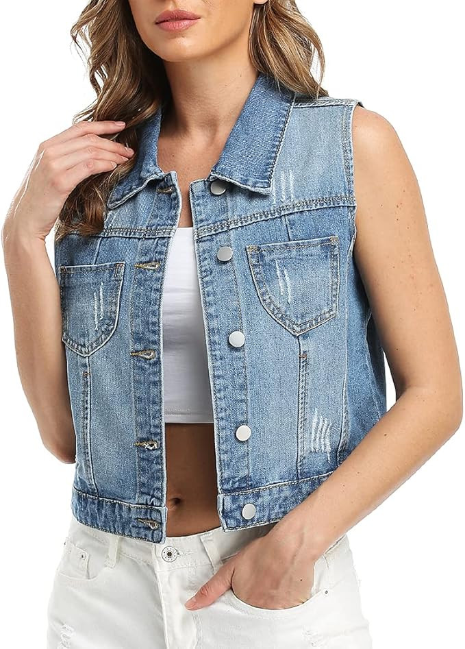 Womens Denim Jean Vest Classic Cropped Distressed Spread Collar Sleeveless Jean Jacket | Amazon (US)