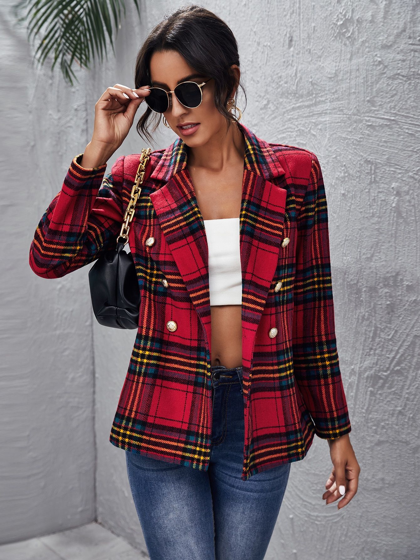 SHEIN Double-breasted Tartan Tweed Blazer | SHEIN