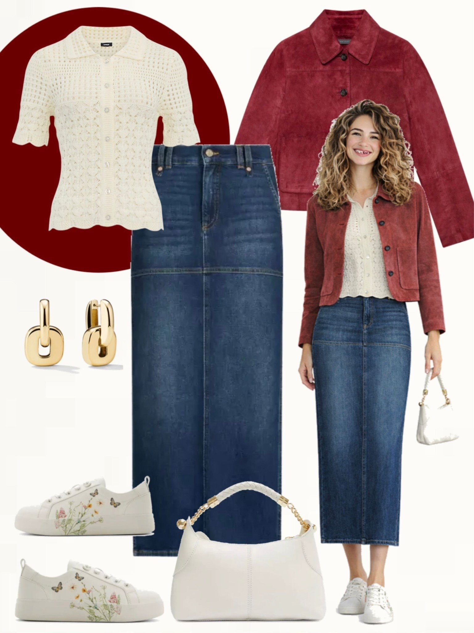 Cream crochet top with a dark denim midi skirt, red suede jacket, white sneakers, and a white shoulder bag.
#chiccasual #denimskirt #outfitideas

#LTKOver40 #LTKSeasonal #LTKootd