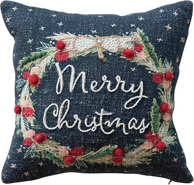 Creative Co-Op Square Cotton Printed Pillow with Wreath, Embroidery, Beads and Pom Poms Merry Chr... | Amazon (US)