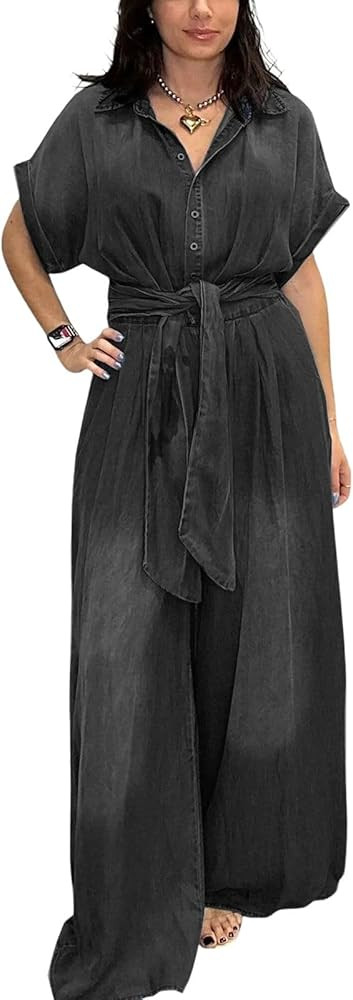 utcoco Womens 2025 Casual Loose Denim Overalls Jumpsuits Half Button Tie Elastic Wasit Jean Wide ... | Amazon (US)