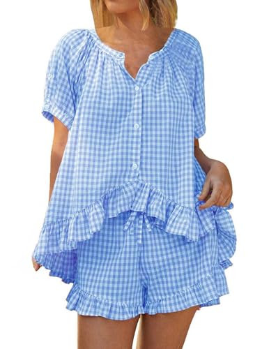 Womens Gingham Pajama Set 2 Piece Cotton Short Sleeve Plaid Ruffle Pjs Outfits Lounge Babydoll Sh... | Amazon (US)