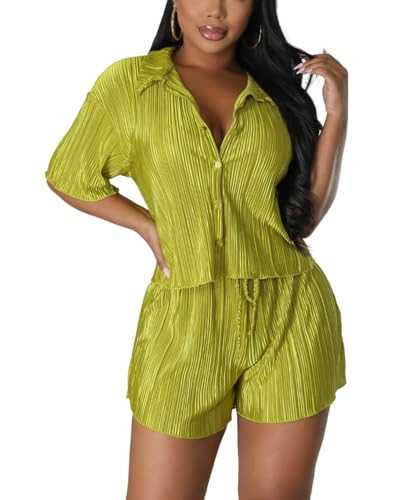 PRIVIMIX Women 2 Piece Pleated Set Short Sleeve Pants Plisse Matching Colorful Outfits Summer Vacation Button Down Y2k Shirt | Amazon (US)