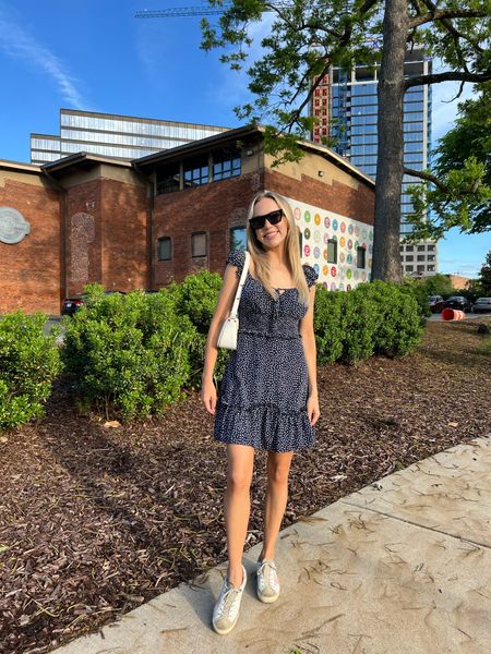 Navy blue polka dot ruffle sleeve sweetheart neckline mini dress, golden goose sneakers, cat eye sunglasses, white shoulder bag 

#LTKFindsUnder50 #LTKShoeCrush #LTKFindsUnder100