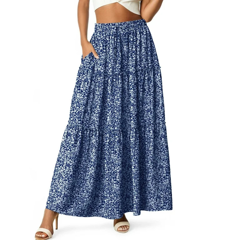 Cueply Womens Flowy Long Maxi Skirt Pleated Elastic High Waist Drawstring Tiered Skirts with Pock... | Walmart (US)