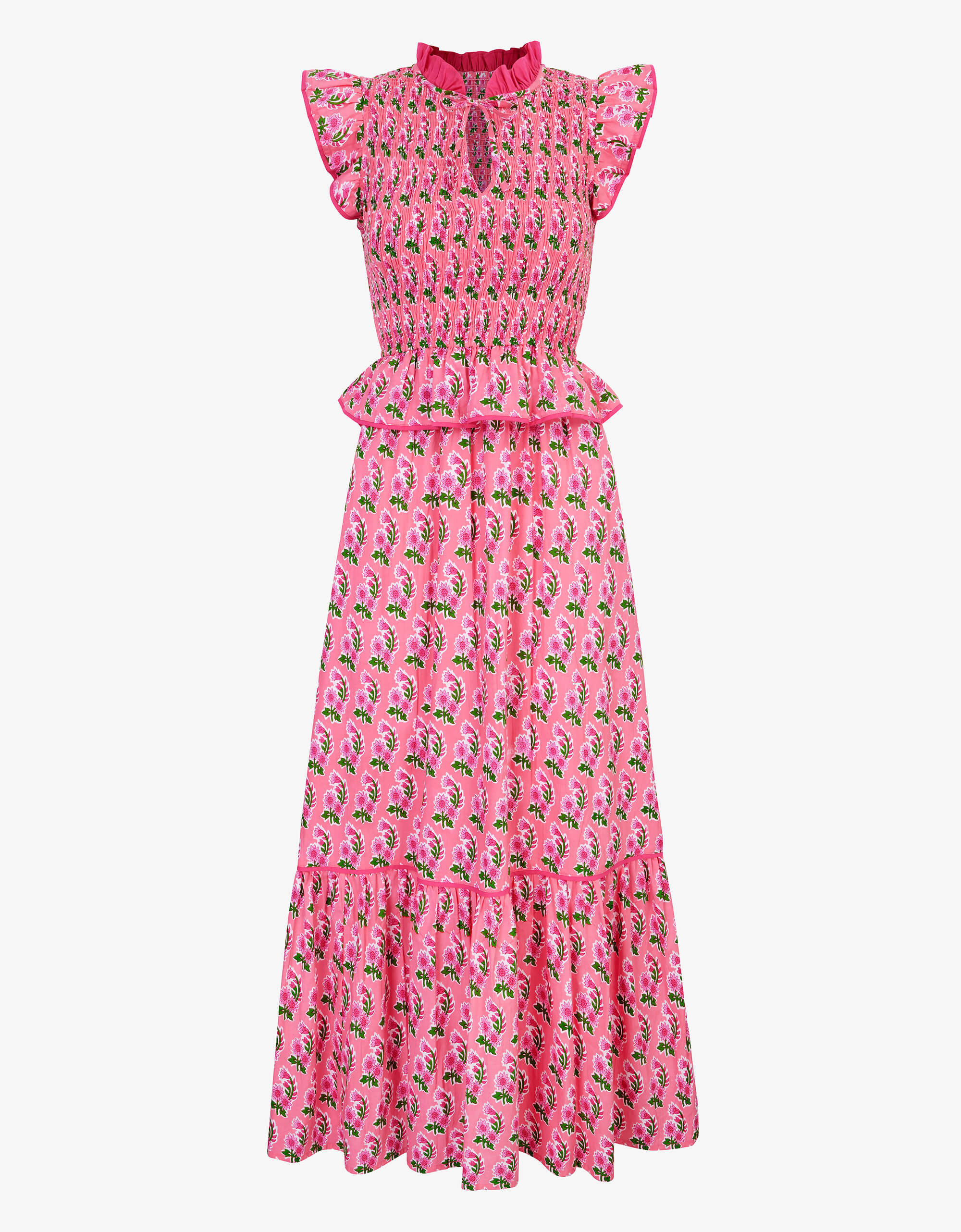 Harper Dress | Pink & Green Floral Midi | Screen Print Cotton | Pink City Prints UK