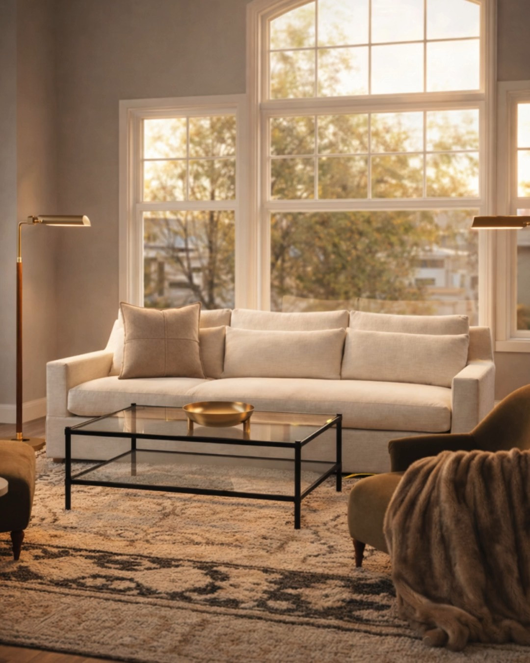 This mood board is giving me all the sophisticated yet cozy feels! I’m completely obsessed with how the crisp white slipcovered sofa pairs with those rich, dark brown armchairs. The touches of gold from the floor lamps and the bowl add just the right amount of luxury, while the patterned rug and fur throw make it feel incredibly inviting. It's a curated look that is timeless!

Ready to elevate your living space? 

#LTKHome #LivingRoomDecor #ElegantHome #InteriorInspo #CuratedHome #DreamLivingRoom #HomeRefresh 

 #LTKHome #LTKFindsUnder50 #LTKFindsUnder100