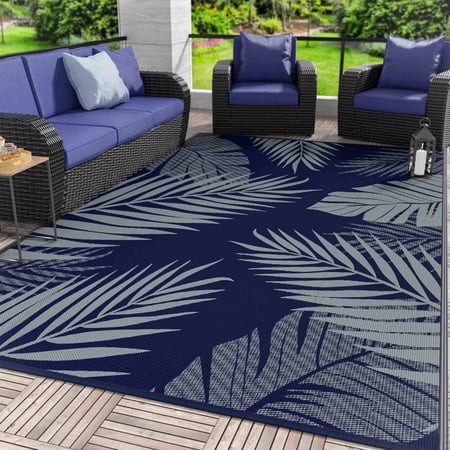 DEORAB 6'x9' Outdoor Rugs Patio Waterproof Outside Mat Reversible Plastic Camping Carpet,Blue & Grey | Walmart (US)