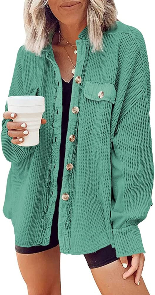 Yanekop Shackets for Women 2025 Waffle Knit Tops Long Sleeve Button Down Shirt Fall Jackets Outfi... | Amazon (US)