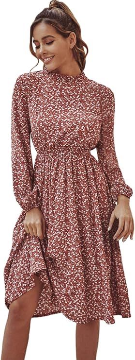Floerns Women's Long Sleeve Ruffle Trim Self Tie Floral Print Short Dress | Amazon (US)