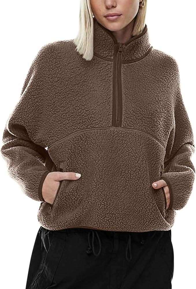 LASLULU Womens Half Zip Pullover Cropped Sweatshirts Sherpa Fleece Jacket Fuzzy Sweaters Cute Win... | Amazon (US)