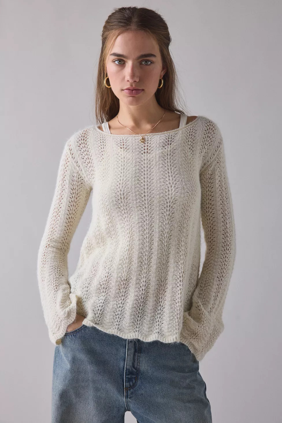 Kimchi Blue Lily Trapeze Bell Sleeve Pointelle Knit Sweater | Urban Outfitters (US and RoW)