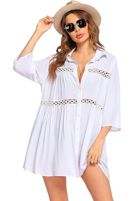 BUTTZO Women's Cotton Beachwear Bikini Swimwear Beach Club Sexy Lace Cover up Tops Bathing Suit | Amazon (US)