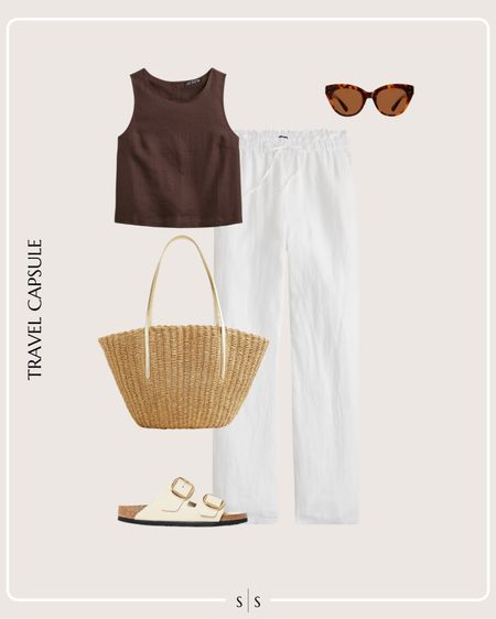Summer Vacation Travel Capsule Wardrobe outfit idea | linen tank, linen white pants, straw tote bag, slip on sandals, sunglasses 

See the entire Summer Vacation Travel Capsule Wardrobe on thesarahstories.com ✨ 


#LTKStyleTip