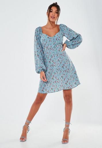 Blue Floral Print Milkmaid Skater Dress | Missguided (US & CA)