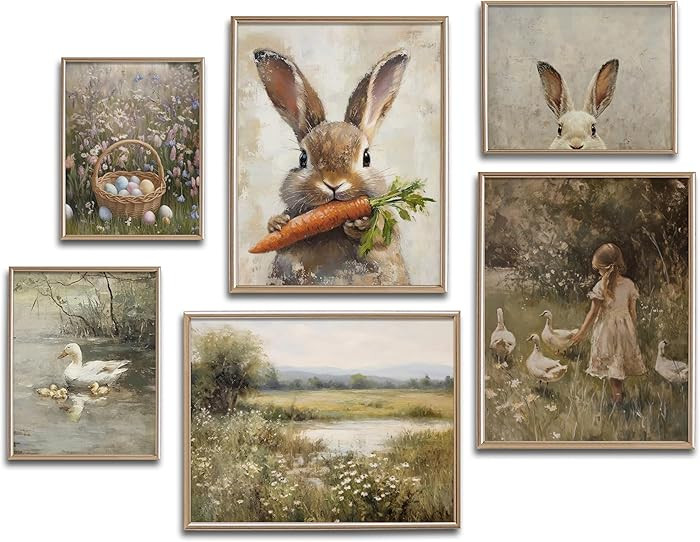 Gschupy 6Pcs Bunny Easter Wall Art Nursery Bunny Pictures Wall Decor Vintage Rabbit Art Print Rus... | Amazon (US)