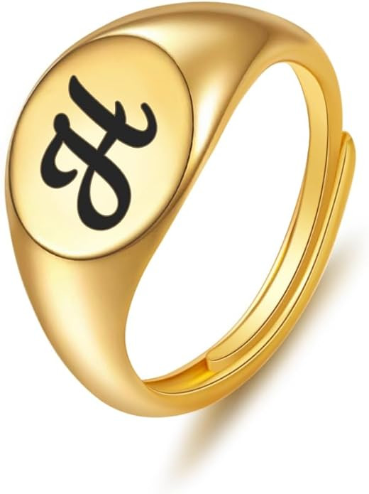 Initial Ring 14K Gold Plated Initial Rings for Women Chunky Gold Rings Adjustable Letter Ring Sta... | Amazon (US)