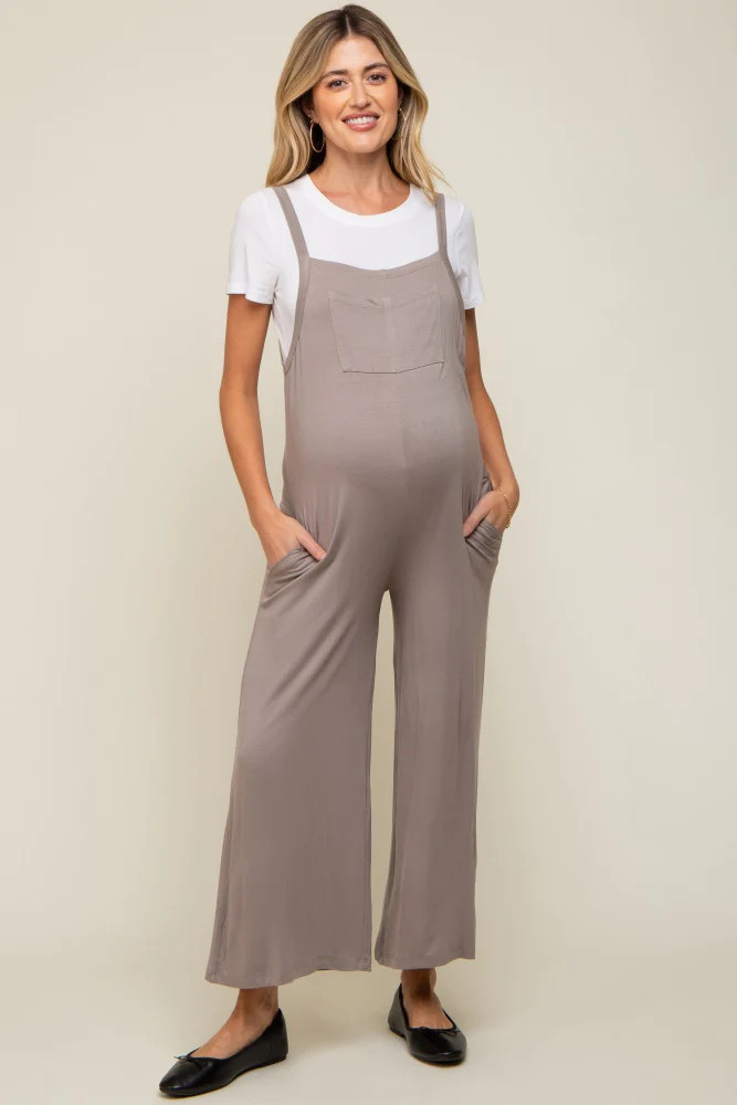 Taupe Sleeveless Pocketed Wide Leg Maternity Jumpsuit | PinkBlush Maternity