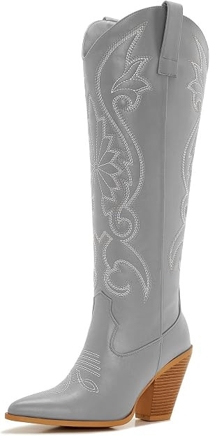 ZXHYZLZ Dark Brown Cowboy Boots For Women Cowgirl Western Knee High Boot Embroidered Pointed Toe ... | Amazon (US)