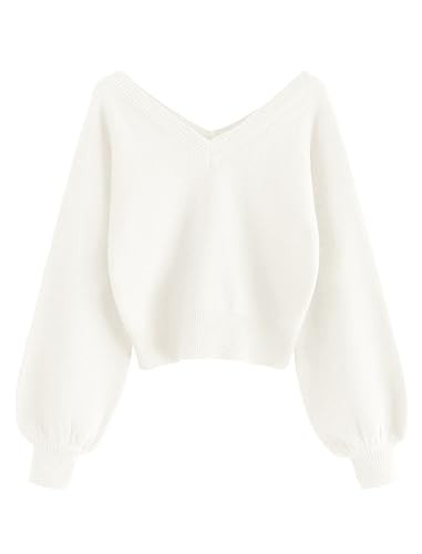 ZAFUL Women's Cropped Sweater V-Neck Long Sleeve Crop Sweater Pullover Jumper Knit Top (1-Pure White, S) | Amazon (US)