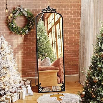 AZODY Arched Mirror Full Length with Stand, 65" x 21" Black Floor Length Mirror with Carved Metal... | Amazon (US)