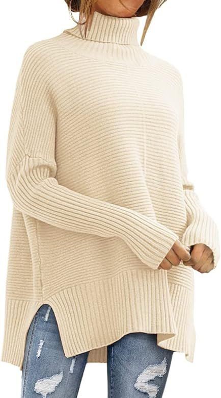 LILLUSORY Womens Turtleneck Oversized Tunic Fall Sweaters 2022 Long Batwing Sleeve Spilt Hem Pull... | Amazon (US)