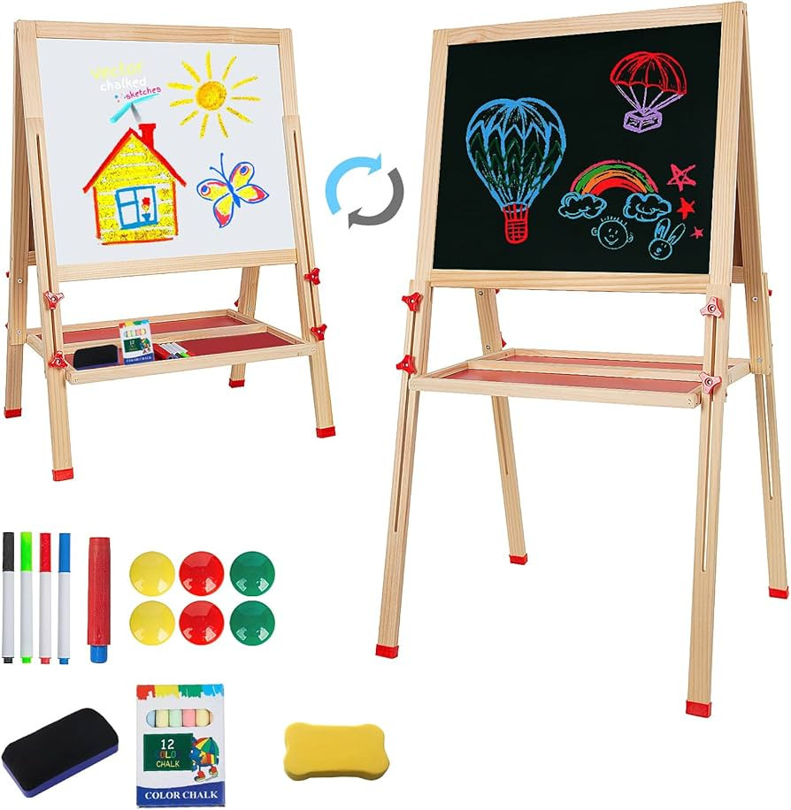 Adjustable Wooden Easel for Kids, Foldable Standing Art Easel for 3, 4, 5, 6, 7, 8 Years Old with... | Amazon (US)