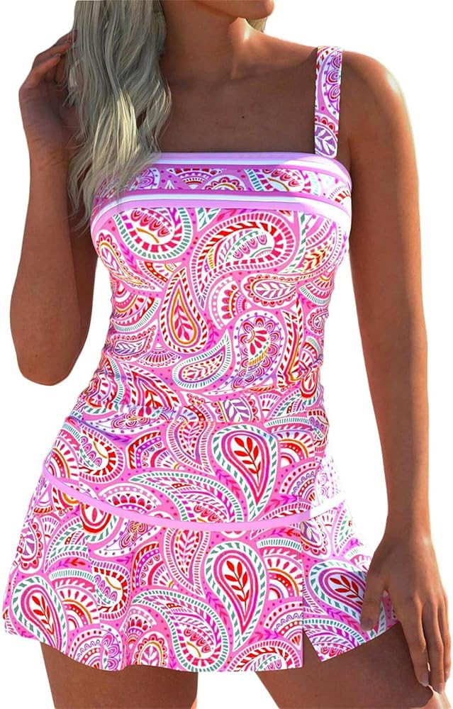 ROSEWE Womens Tummy Control Tankini Bathing Suits, Two Piece Ruched Swimsuits, Floral Print Swimd... | Amazon (US)