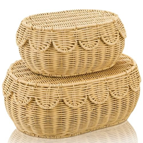 Tebery Set of 2 Wicker Storage Baskets with Lid, Hand Woven Scalloped Basket Boxes for Shelf, Sturdy Rattan Storage Bin Organizer for Home Decoration, Display | Amazon (US)