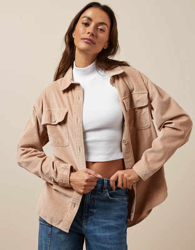 AE Dreamy Drape Oversized Corduroy Shirt | American Eagle Outfitters (US & CA)