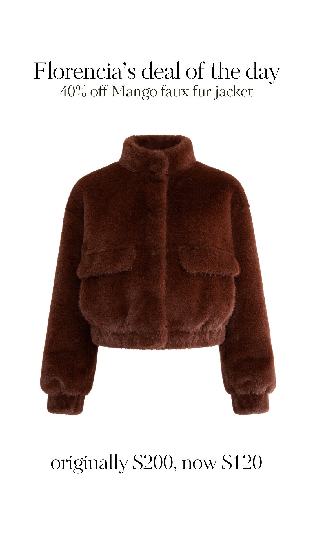 Good afternoon ladies! Happy Saturday🤎🤎

Today’s deal of the day is this adorable bomber style photo for a jacket from mango, 

I love the relaxed look &￼ the oversize pockets on this make it super unique 🤩🤩🔥

40% off is a great deal for a classic mango jacket, so many ways to style this especially if you’re loving the chocolate brown this season 🙌🏽
