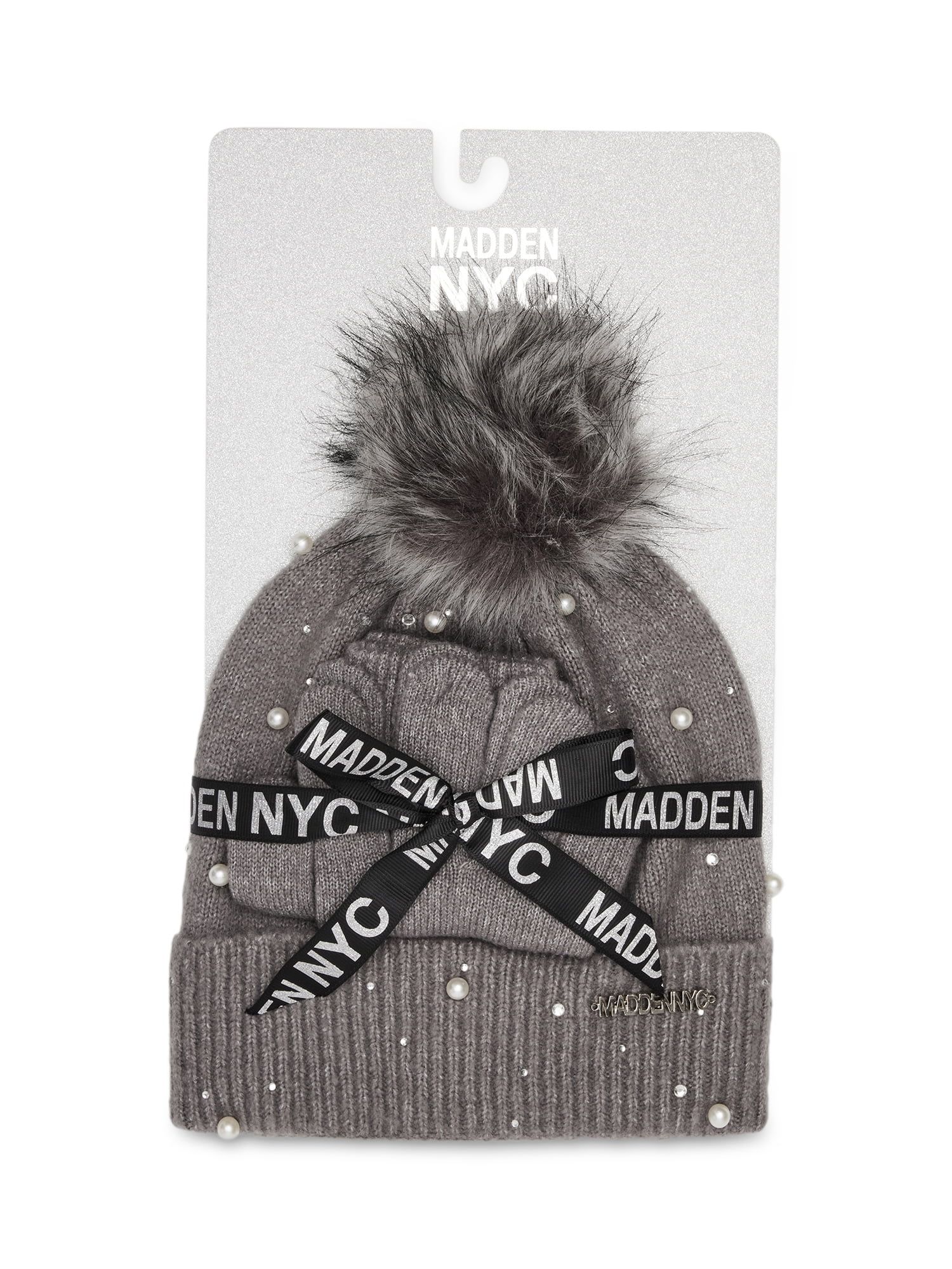 Madden Nyc Women's Faux Pearl Beanie And Gloves, 2-Piece Gift Set Grey | Walmart (US)