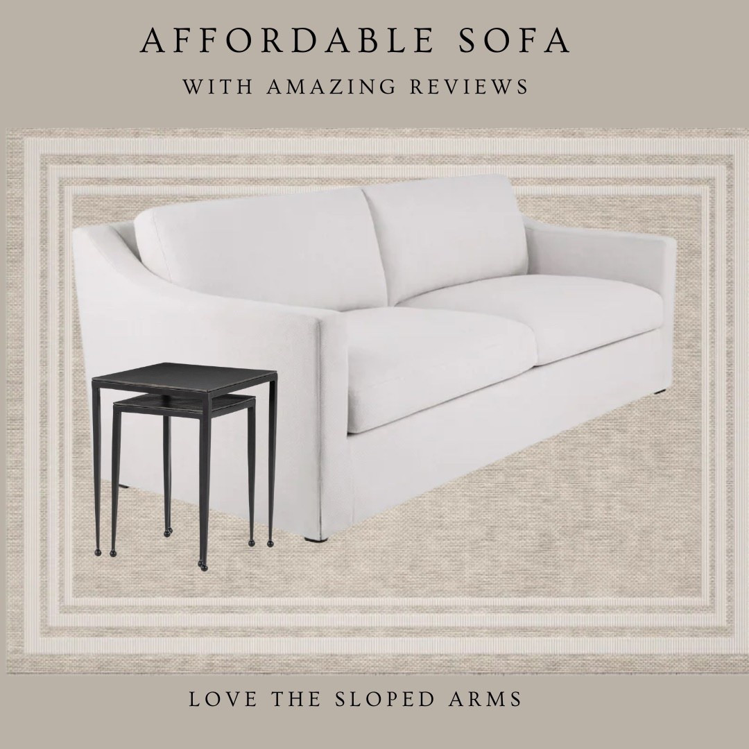 This linen sofa with stunning sloped arms for under $600 is getting amazing reviews!  These metal nesting tables are so good I bought them twice!  And loving this beautiful rug!
