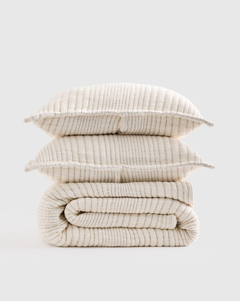 Quince undyed channel stitch coverlet set in natural organic cotton with stitched channels