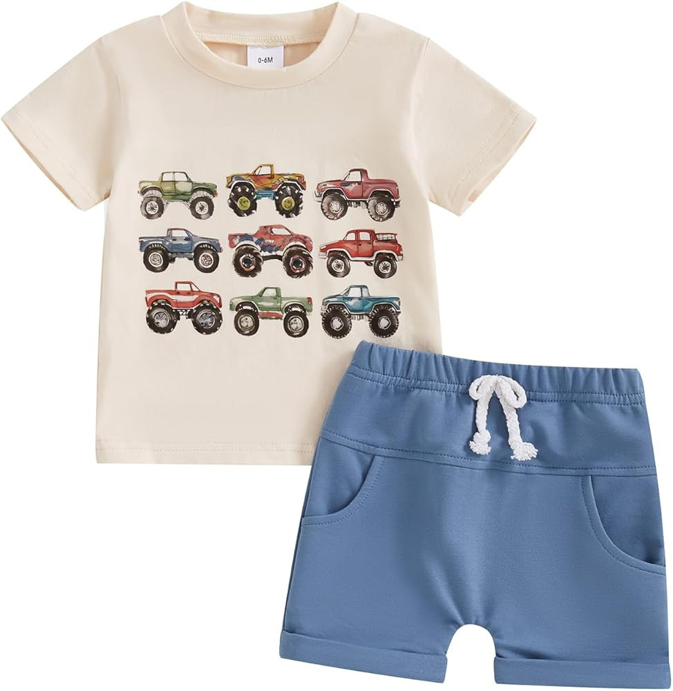 Toddler Baby Boy Summer Clothes Trucks Letters Short Sleeve T-shirt Top Elastic Waist Shorts Set ... | Amazon (US)