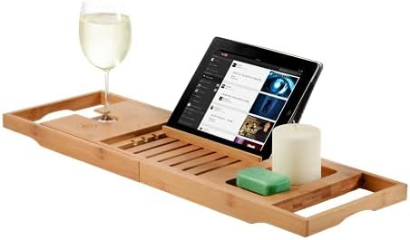 Premium Bamboo Bathtub Tray Caddy - Expandable Wood Bath Tray with Book/Tablat Holder, Wine Glass... | Amazon (US)