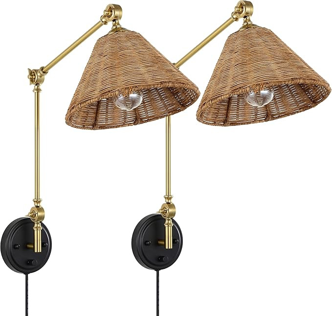 WINGBO Wall Sconce Rattan Wrapped Wall Lamp, Adjustable Swing Arm Wall Light Foldable Gold Light ... | Amazon (US)